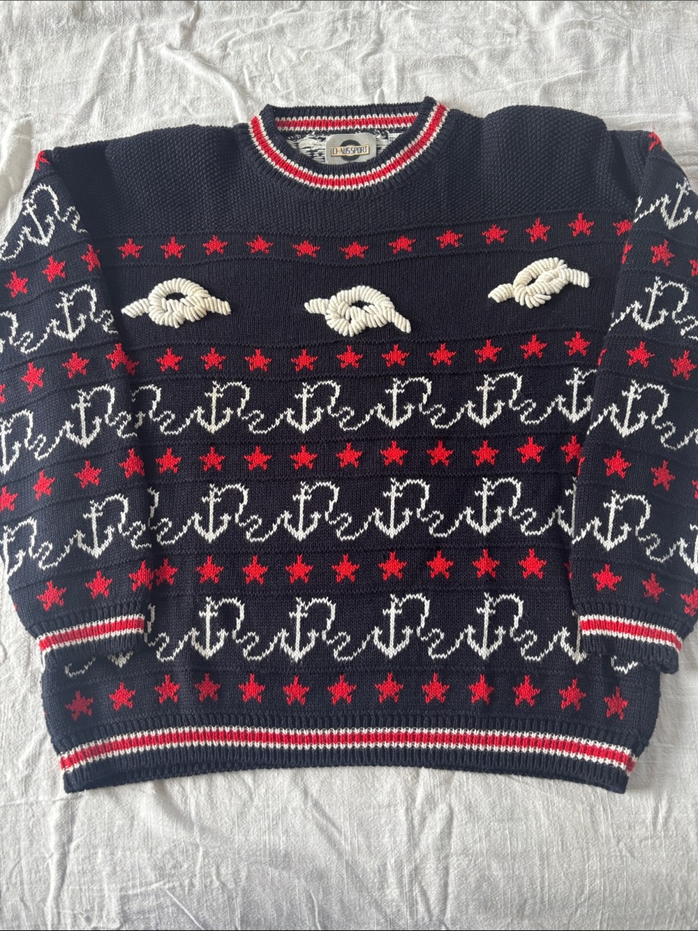 Vintage Chaus Sport nautical sweater, knots,anchors,stars,navy/red/white, size M